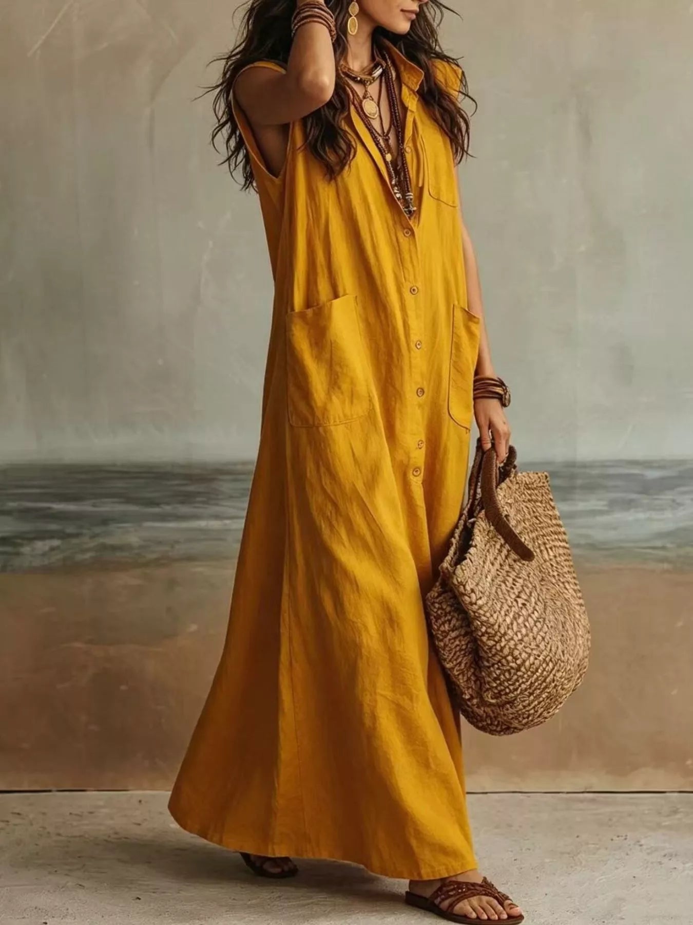 Sleeveless Button-Down Linen Maxi Dress