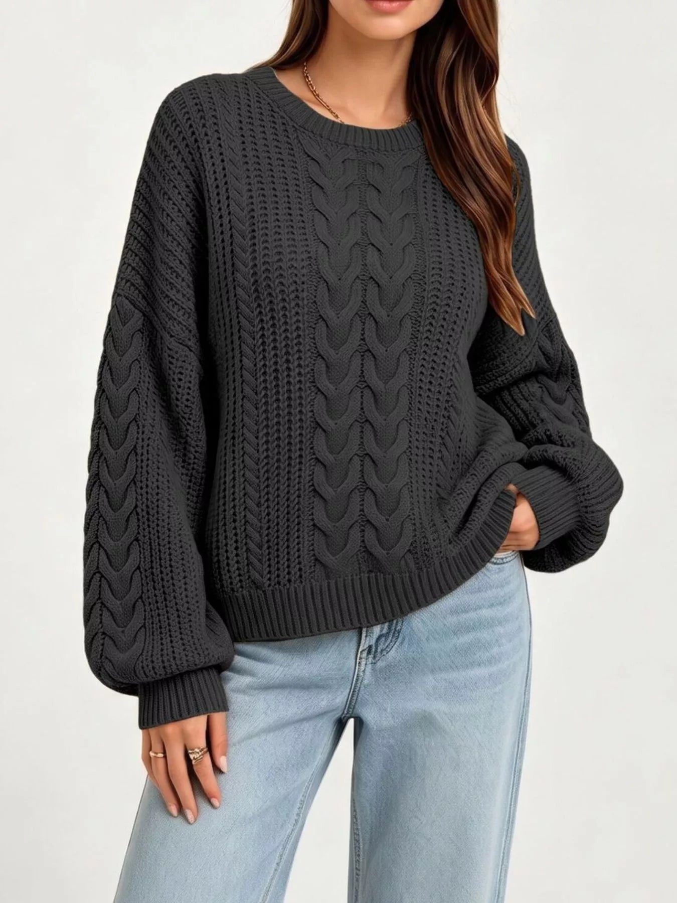Chunky Cable Knit Round Neck Sweater