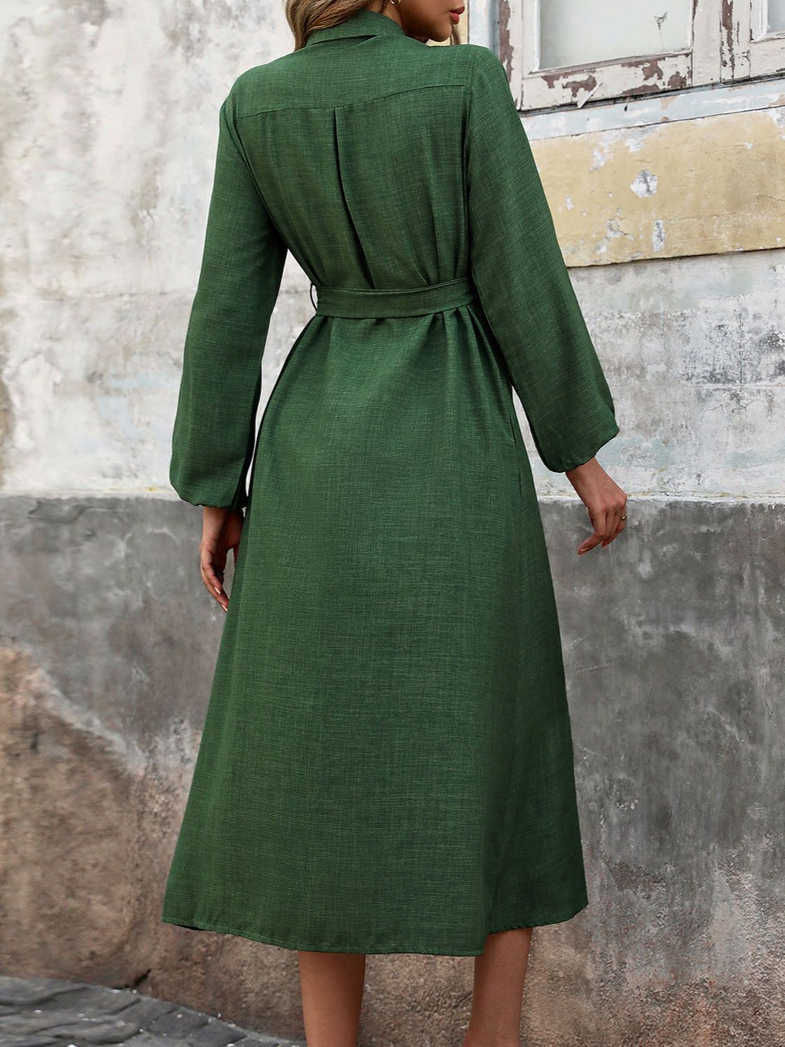 Blue Zone Planet | Collared Neck Long Sleeve Midi Shirt Dress