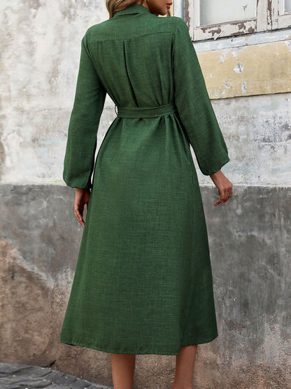 Blue Zone Planet | Collared Neck Long Sleeve Midi Shirt Dress