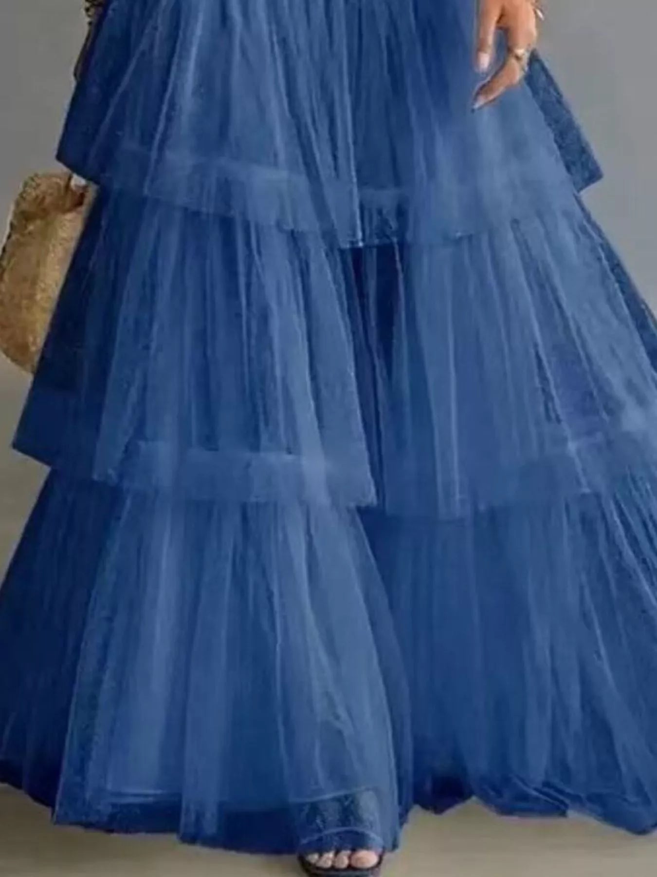 High-Waisted Button-Front Denim and Tulle Maxi Skirt