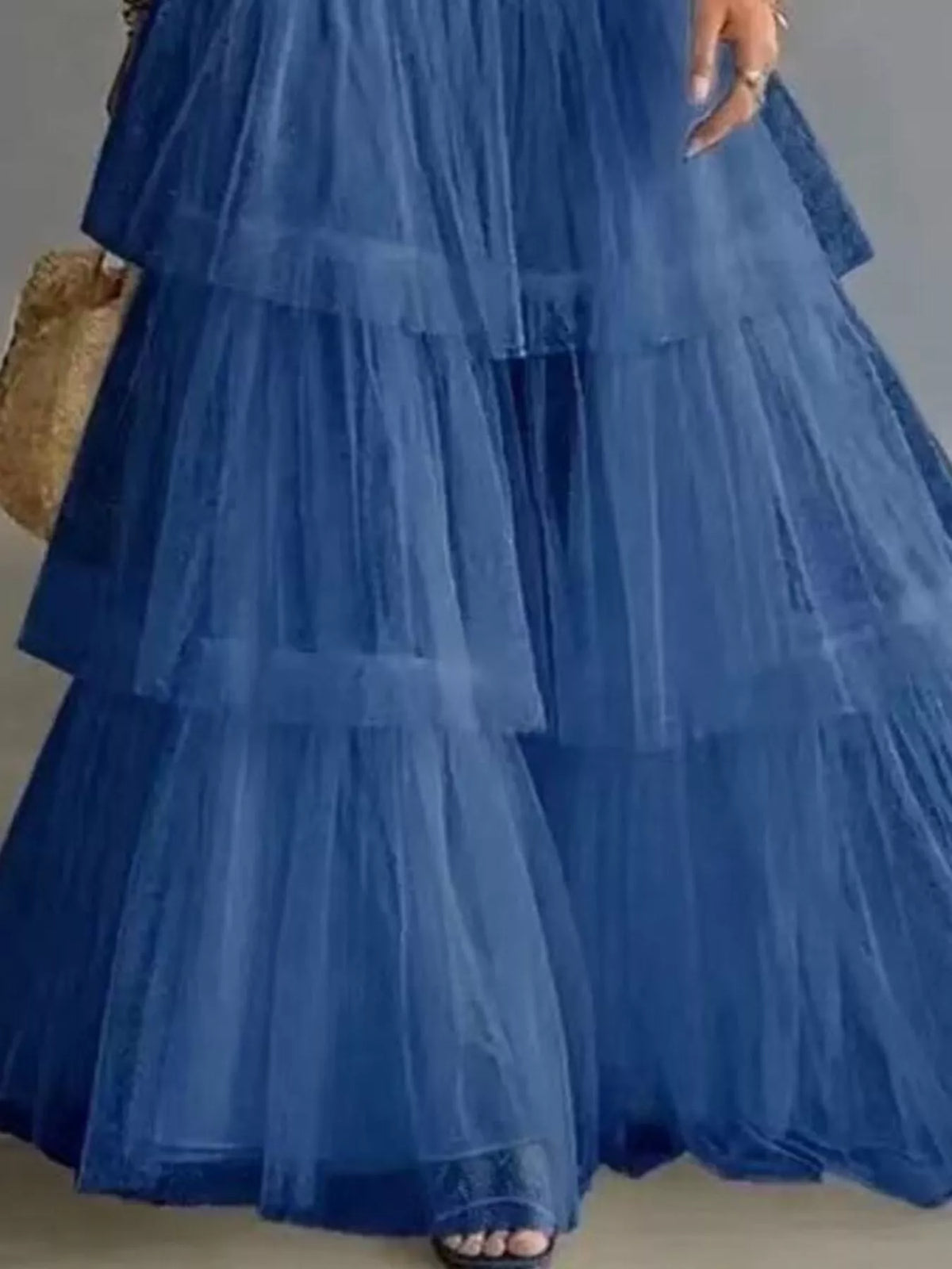 High-Waisted Button-Front Denim and Tulle Maxi Skirt