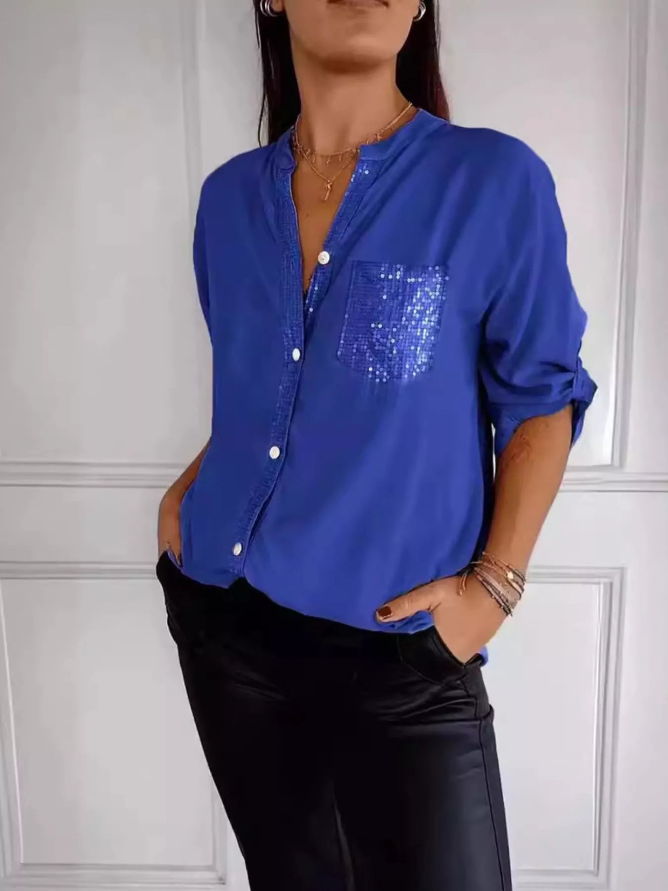 Full Size Sequin Detail Button-Down Shirt Plus Size