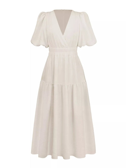 Elegant Puff Sleeve V-Neck Midi Dress