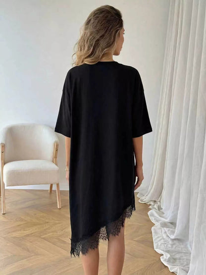 Lace Trim Asymmetrical Hem T-shirt Dress