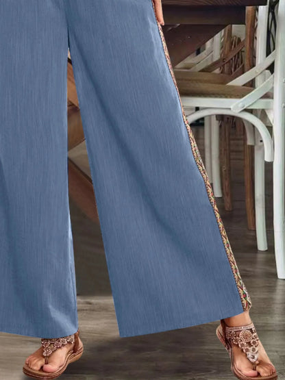 Bohemian Wide Leg Embroidered Side Stripe Pants