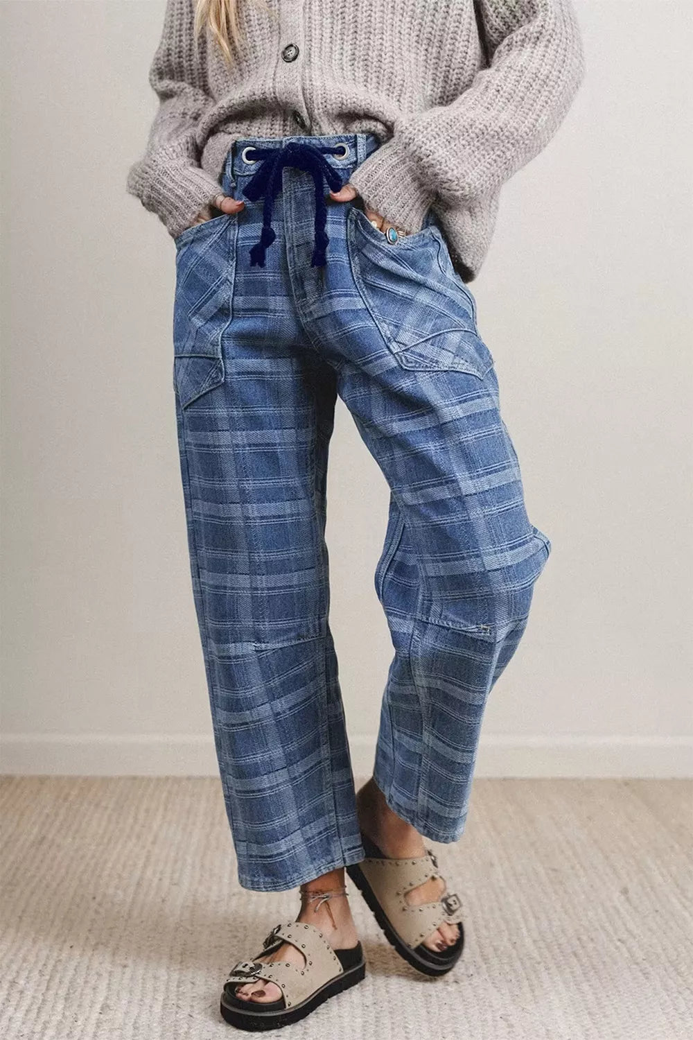 Plaid Denim Grommet Drawstring Waist Ankle-Length Jeans