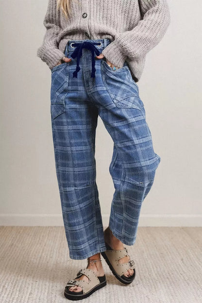 Plaid Denim Grommet Drawstring Waist Ankle-Length Jeans