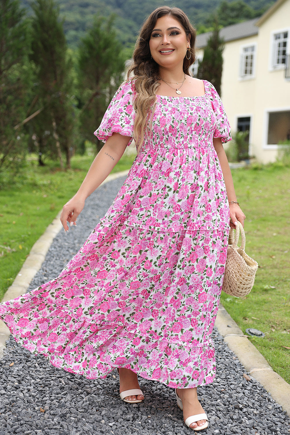 Blue Zone Planet | Pink Plus Size Floral Print Smocked Puff Sleeve Dress