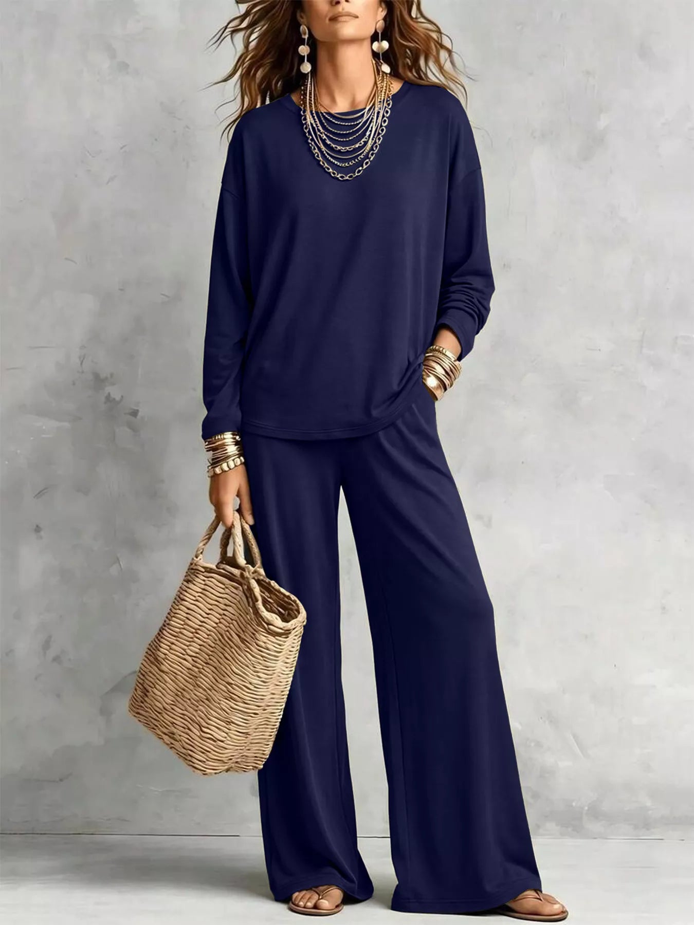 Round Neck T-Shirt and Wide-Leg Pants Set