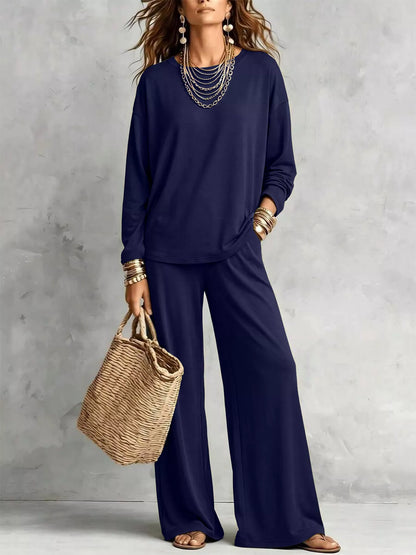 Round Neck T-Shirt and Wide-Leg Pants Set