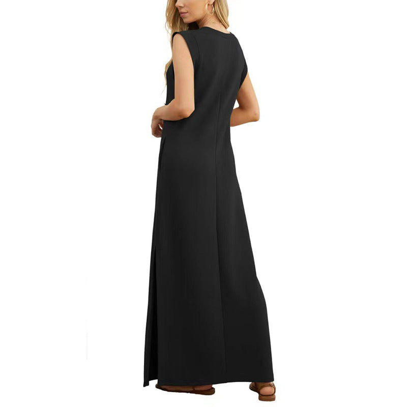 Robe de plage longue et décontractée à col rond pour femme, ample, fendue, sans plis, avec poches