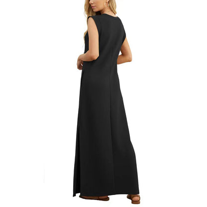 Robe de plage longue et décontractée à col rond pour femme, ample, fendue, sans plis, avec poches