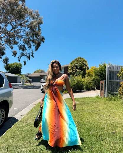 Robe longue de vacances à imprimé coucher de soleil fluo, avec découpes dans le dos et liens à nouer