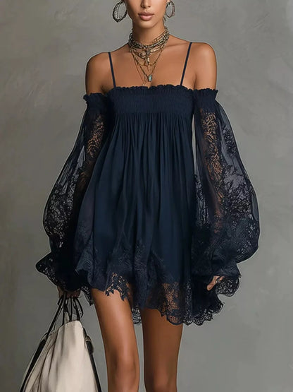 Spaghetti Strap Lace Flounce Sleeve Mini Dress