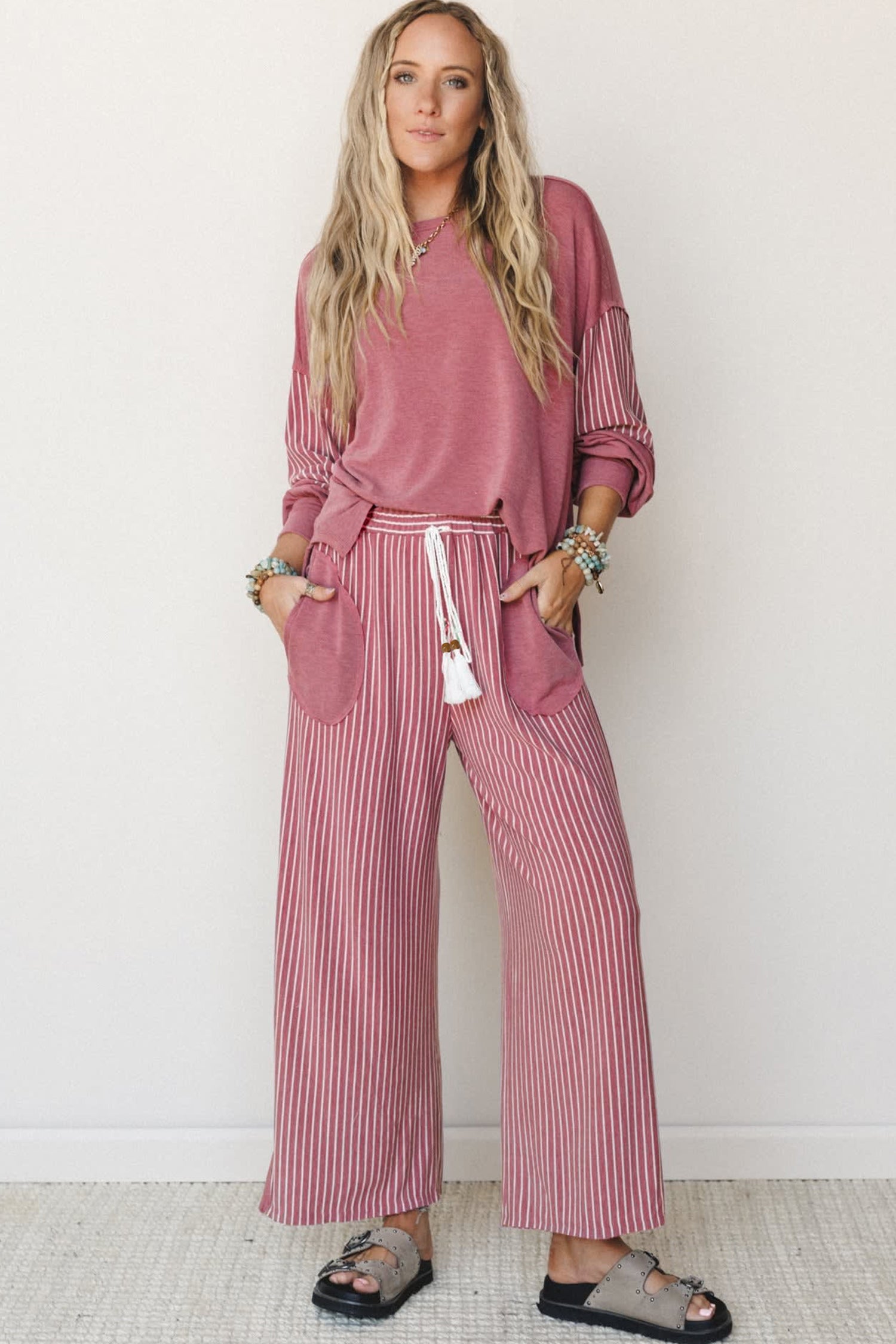 Fushia Raw Seam Patchwork Long Sleeve Top Pocket Casual Pants 2pcs Set