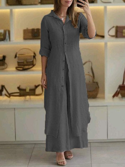 Cotton Linen Waist Long Shirt & Wide Leg Pants Two-Piece Set