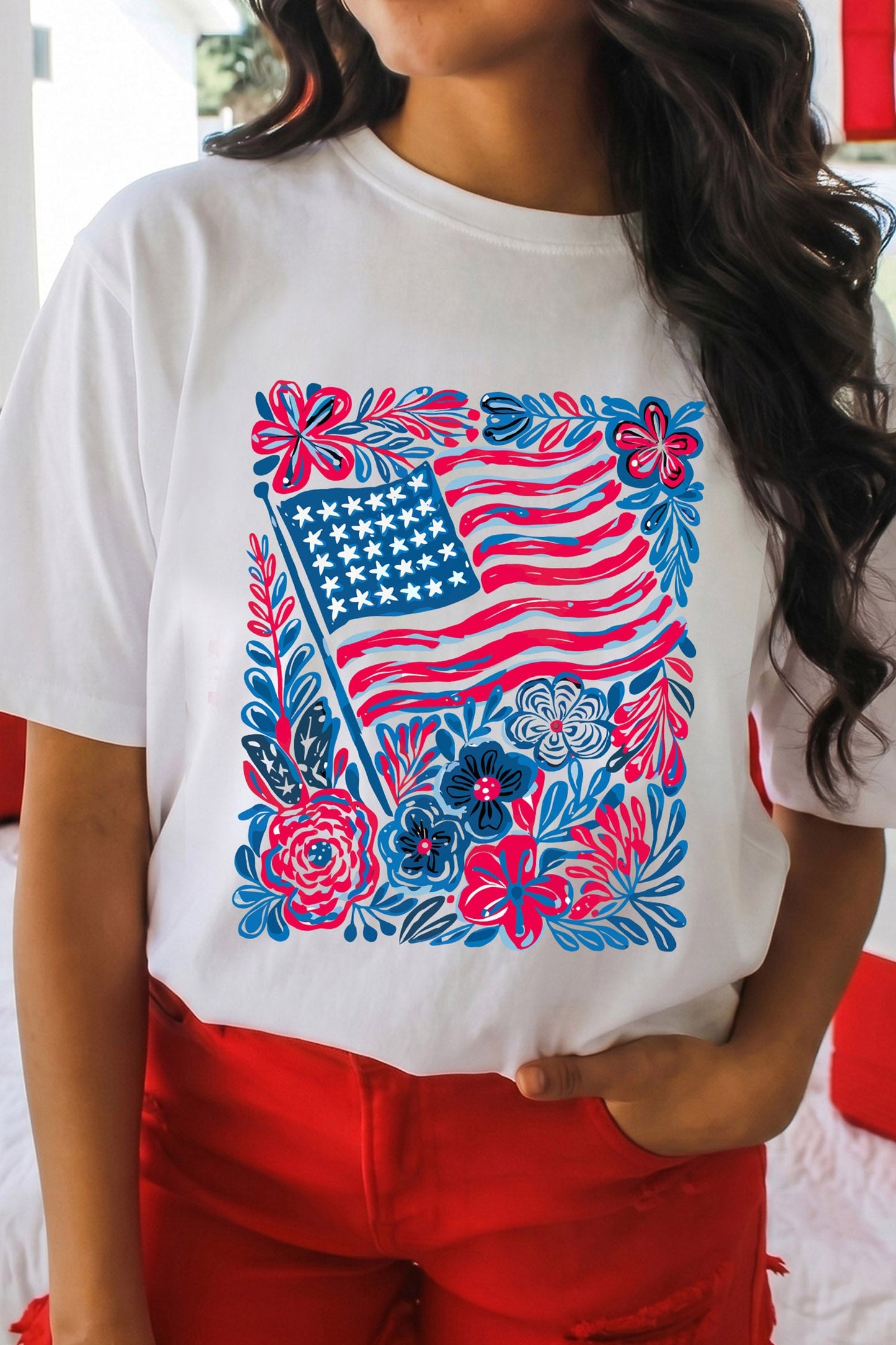 White Floral Flag Aesthetics Patriotic Graphic T Shirt