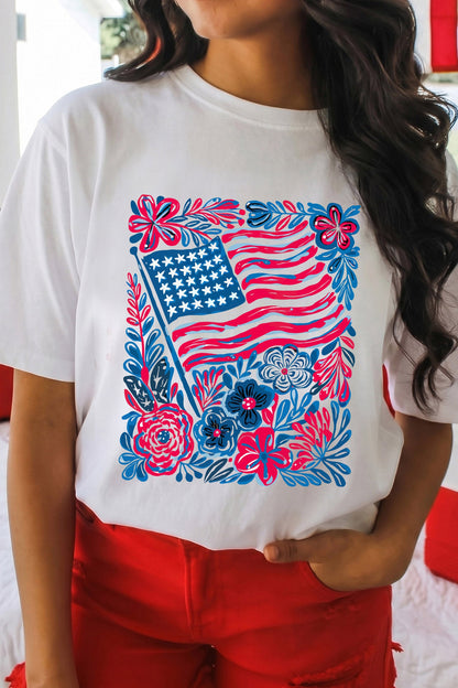 White Floral Flag Aesthetics Patriotic Graphic T Shirt