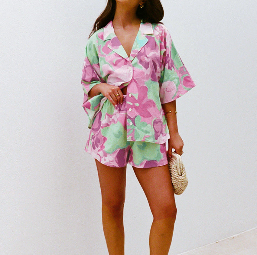 Casual Printed Shirt & Shorts Two-Piece Set