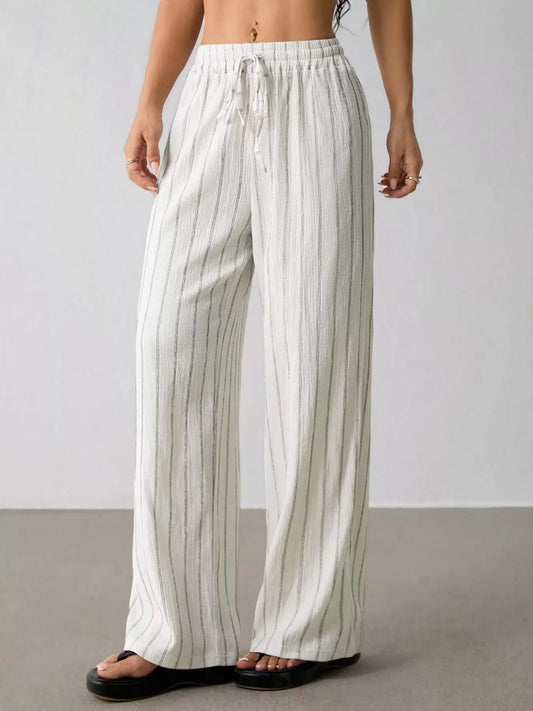 Striped Wide-Leg Drawstring Pants