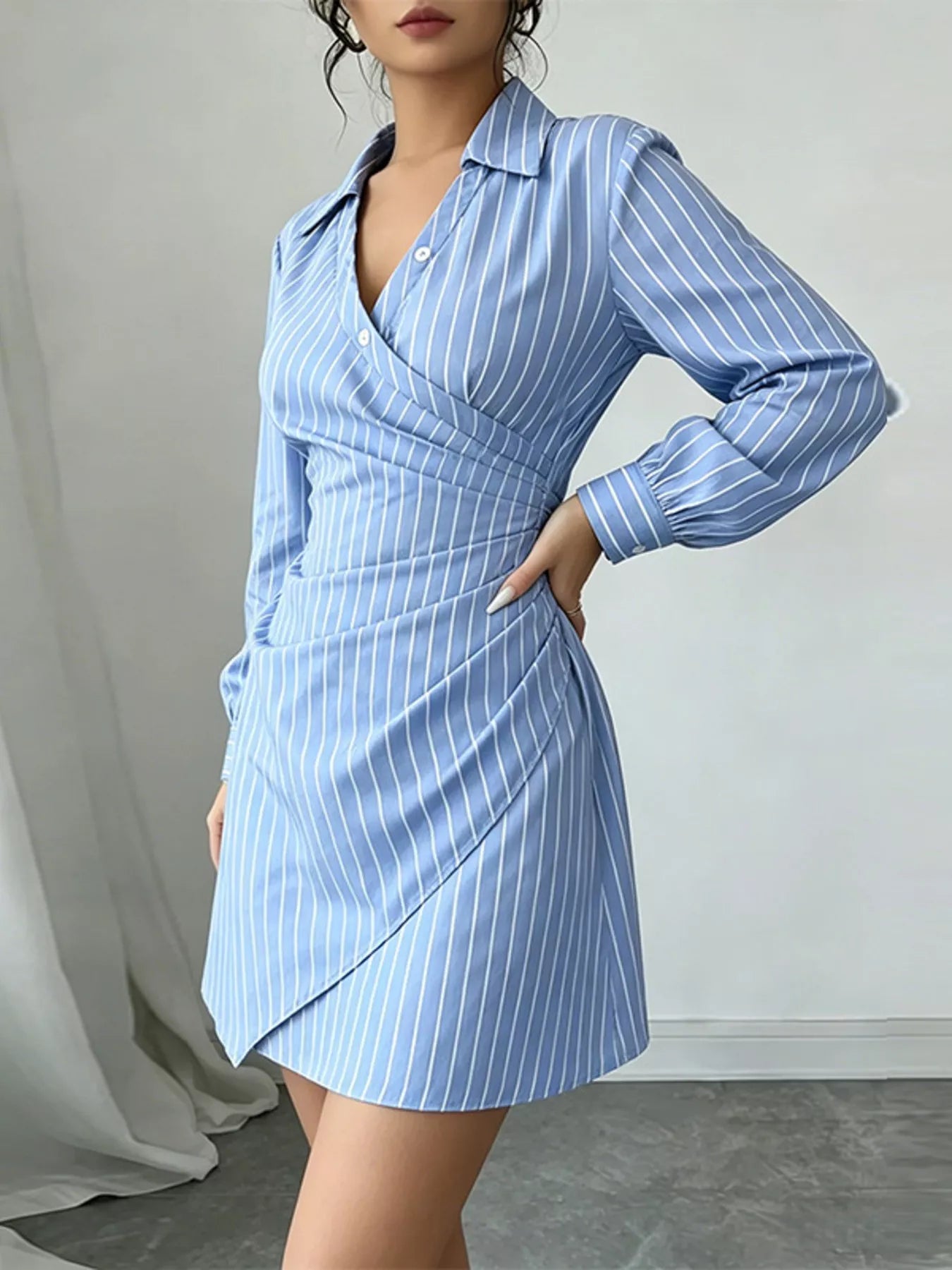Full Size Striped Long Sleeve Shirt Dress Plus Size