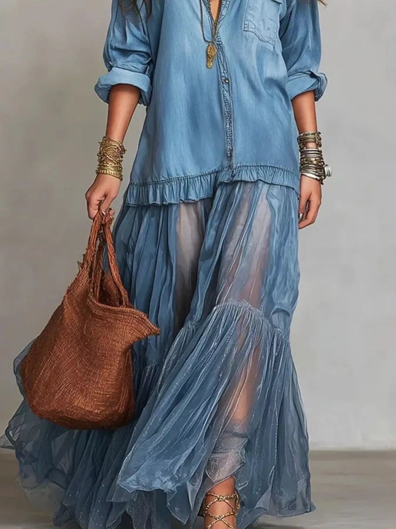 Full Size Tiered Long Sleeve Denim Shirt Maxi Dress Plus Size