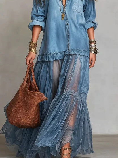 Full Size Tiered Long Sleeve Denim Shirt Maxi Dress Plus Size