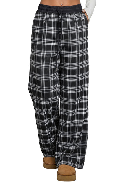 Black Frenchy Plaid Pattern Contrast Drawstring Waist Wide Leg Pants