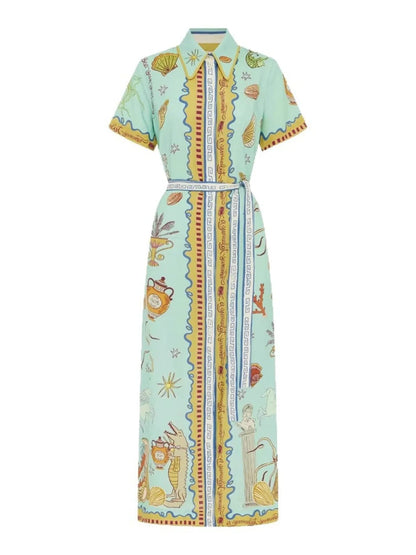 Printed Short Sleeve Maxi Shirt Dress with Belt