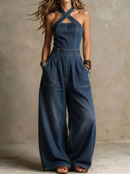 Full Size Wide-Leg Crisscross Denim Jumpsuit Plus Size