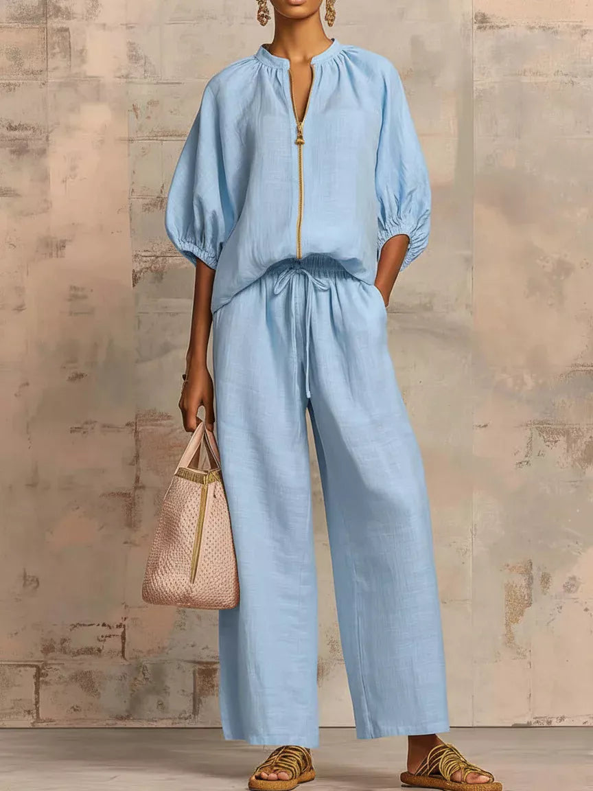 Full Size Zip-Front Top and Wide-Leg Pants Set Plus Size