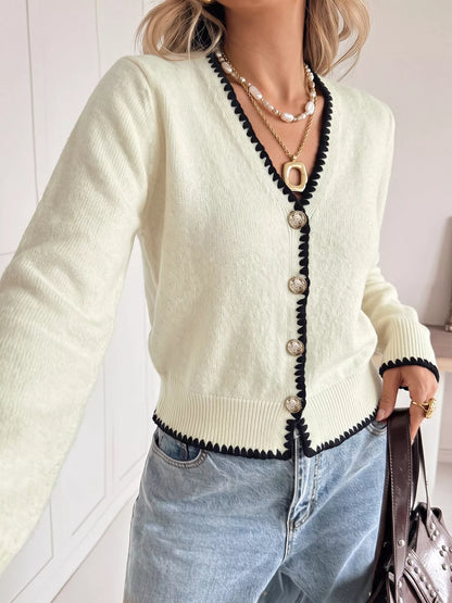 Contrast Trim V-Neck Button-Down Cardigan