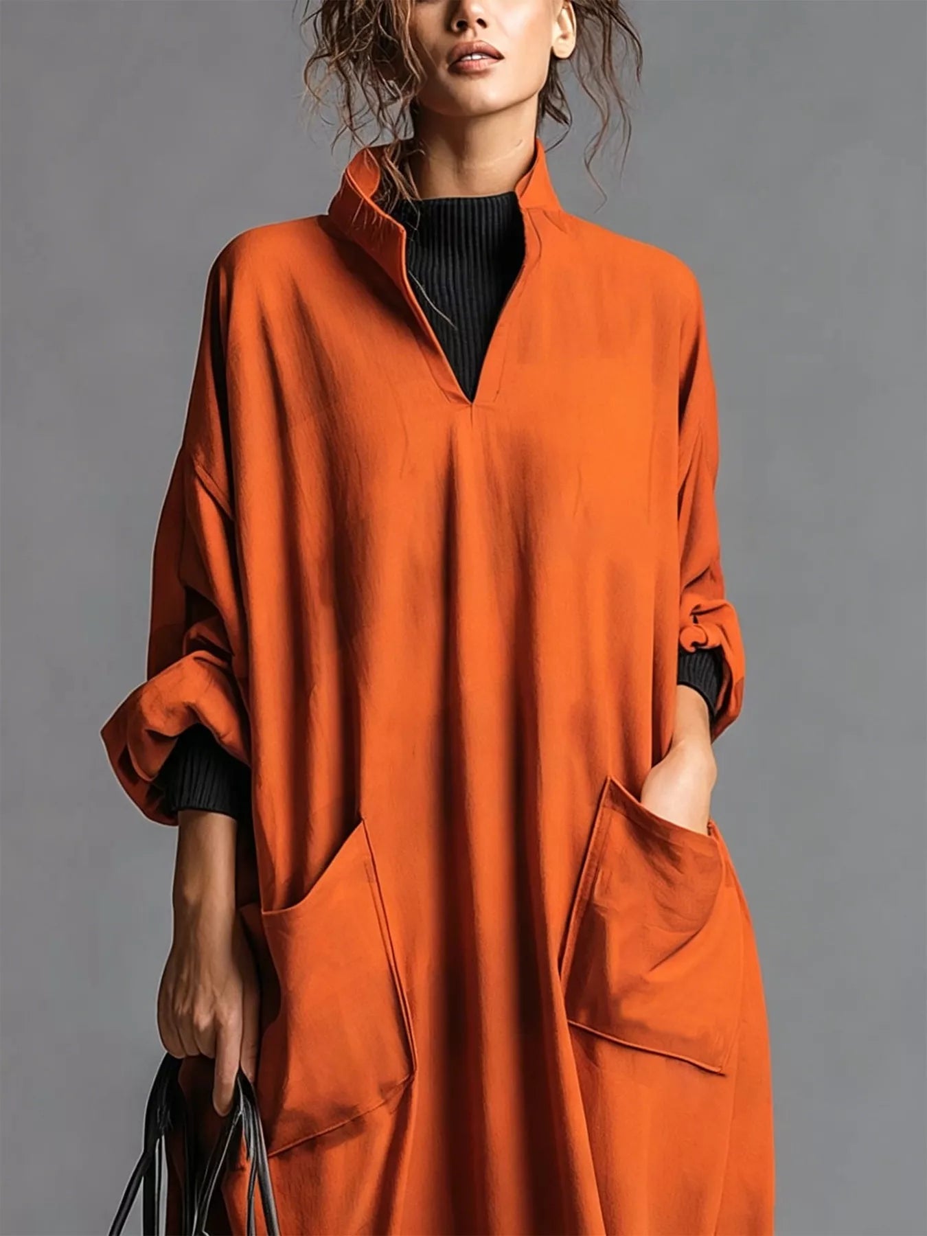 Full Size Loose-Fit Mock Neck Midi Dress with Pockets Plus Size