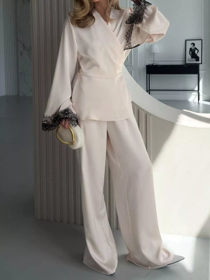 Lace Trim Wrap Top and Pants Set