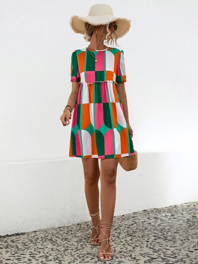 Blue Zone Planet | Geometric Frill Round Neck Short Sleeve Dress