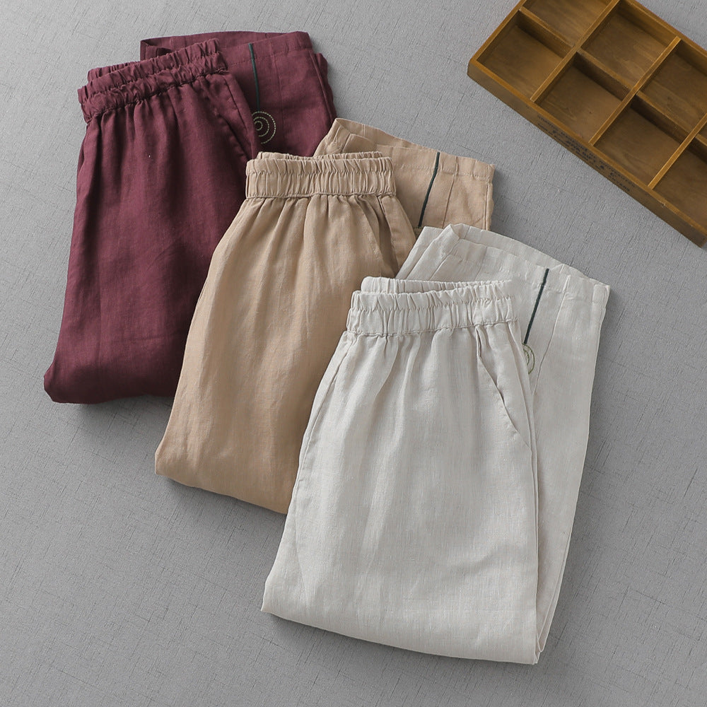 Cotton and linen cropped elastic waist casual pants