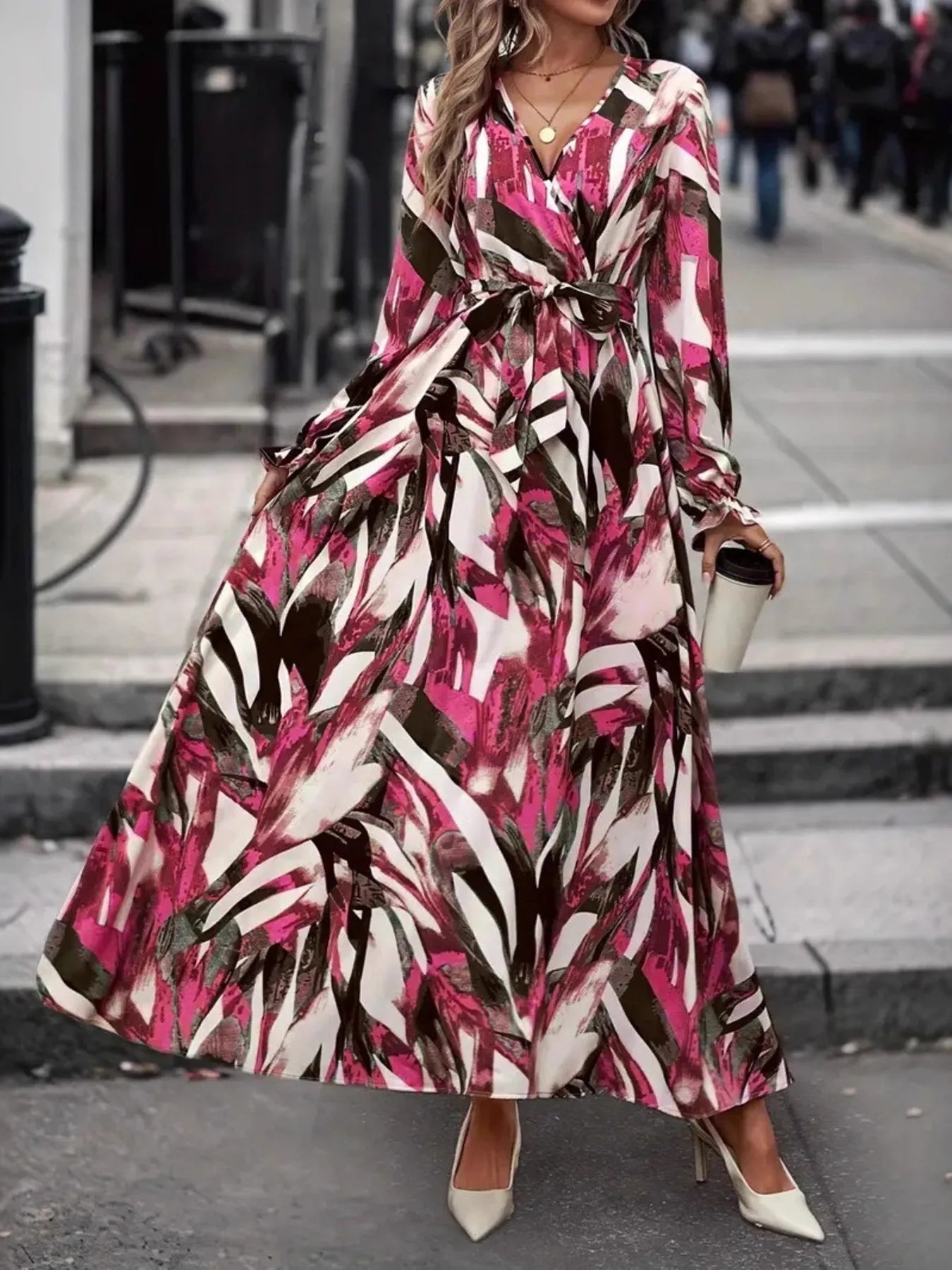 Printed Surplice Flounce Sleeve Maxi Dress