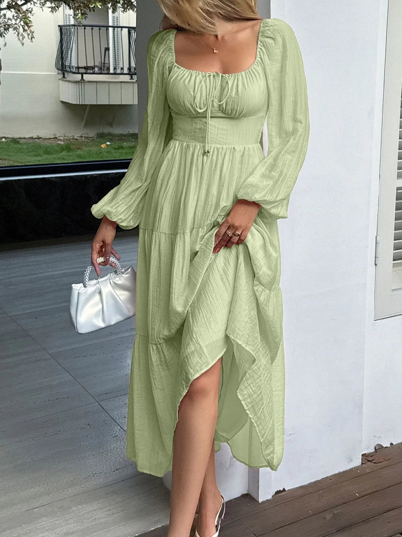 Tiered Balloon Sleeve Midi Dress