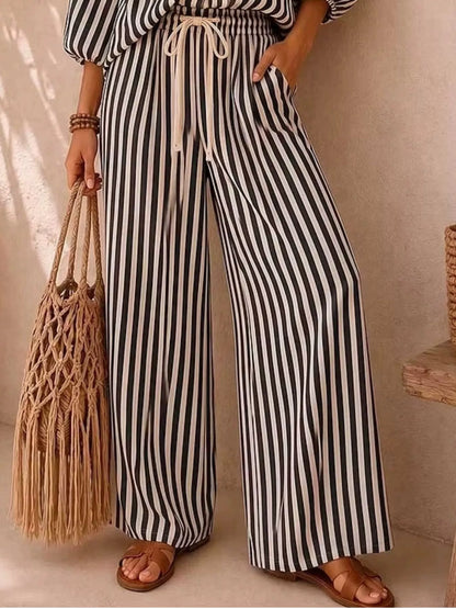 : Plus Size Striped Puff Sleeve Shirt & Wide-Leg Pants Set