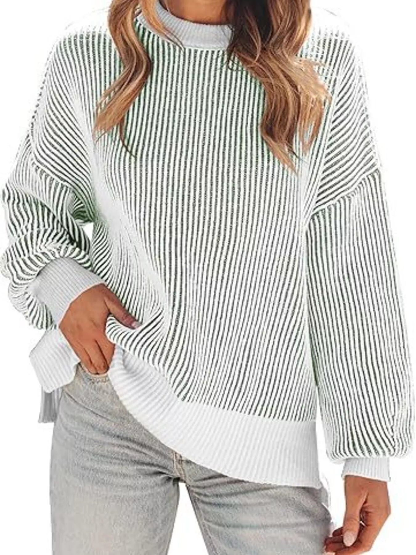 Stripe Dropped Shoulder Sweater for Women Relaxed Chic Knit