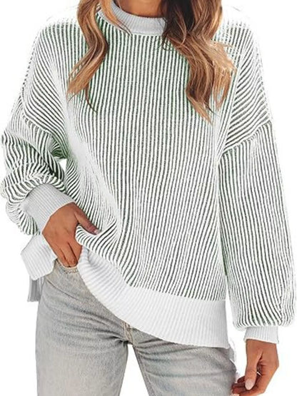 Stripe Dropped Shoulder Sweater for Women Relaxed Chic Knit