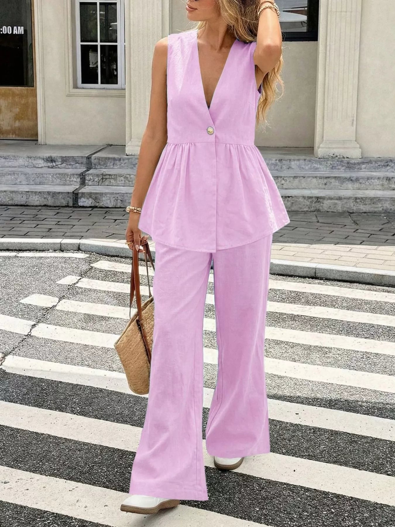 V-Neck Sleeveless Peplum Top and Wide-Leg Pants Set
