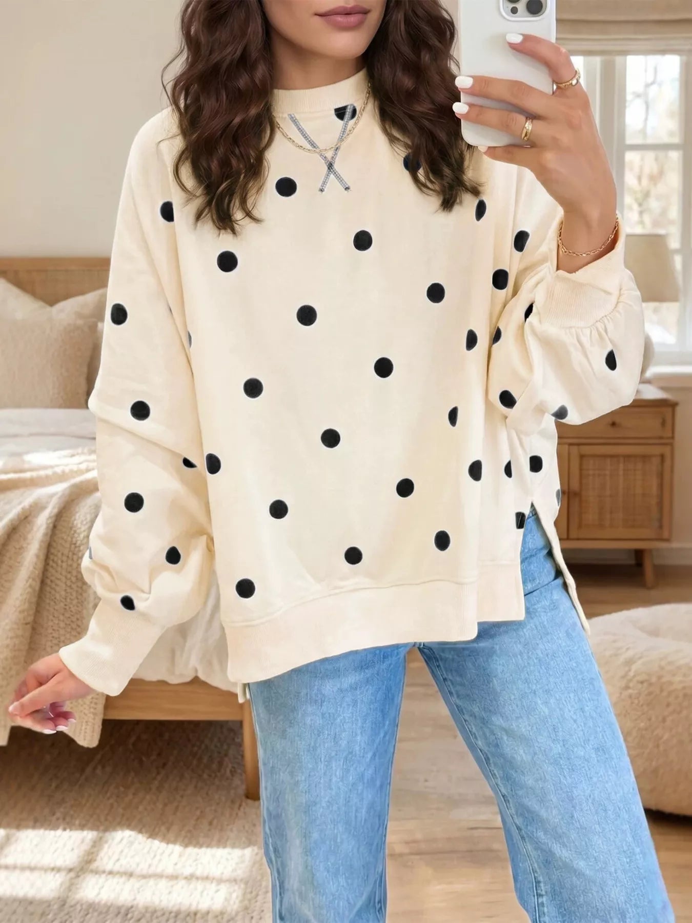 Side Slit Polka Dot Oversized Sweatshirt