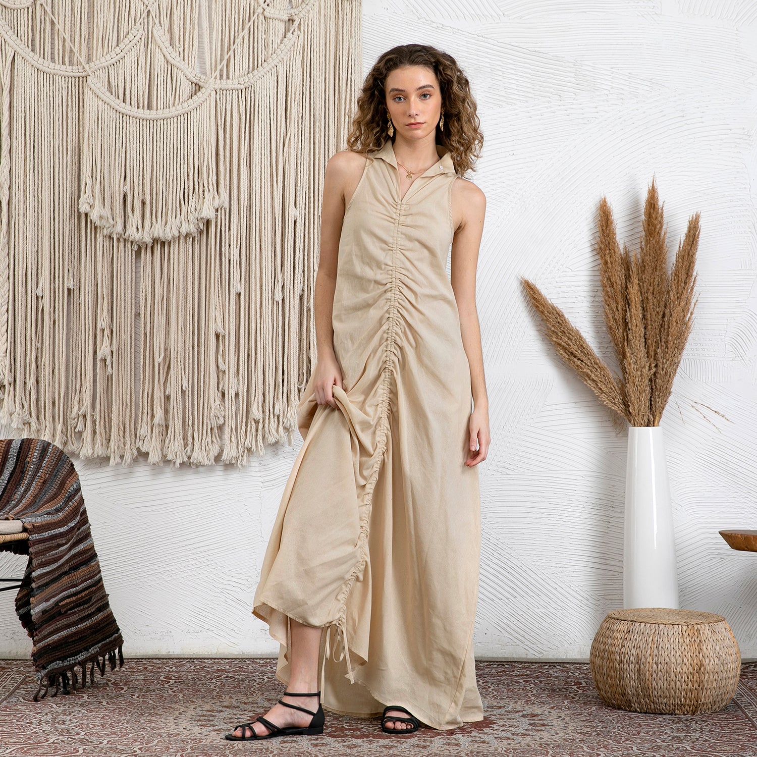 Stand Collar With Drawstring Crinkle Linen Maxi Dress