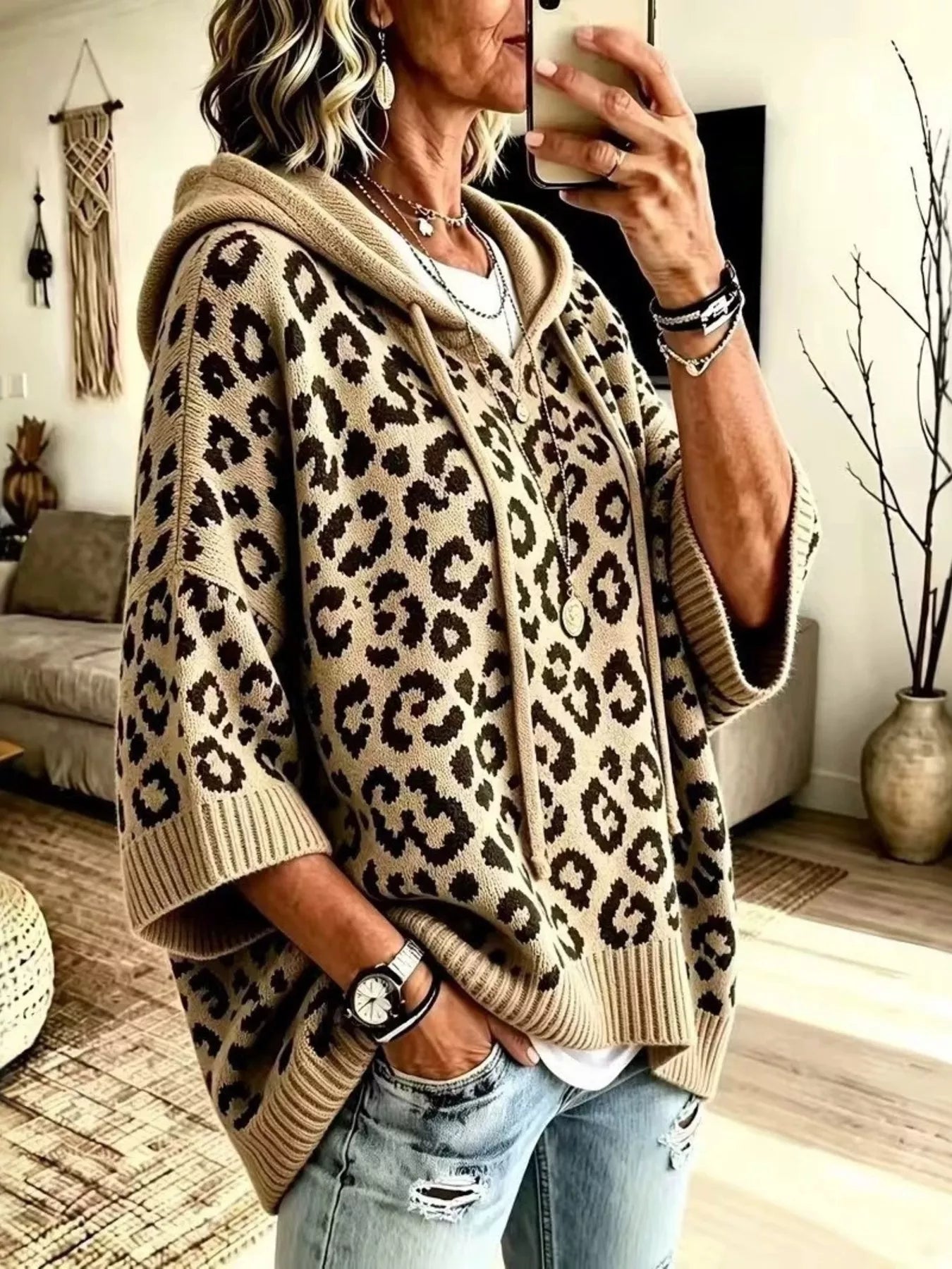 Women's Leopard Print Drawstring Hooded Sweater