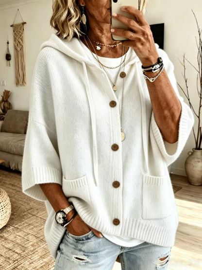 Full Size Casual Hooded Button-Down Knit Cardigan with Pockets Plus Size