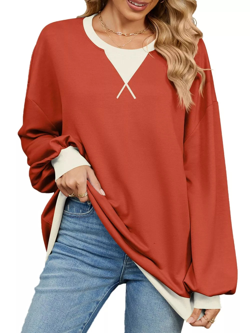 Contrast Round Neck Long Sleeve Sweatshirt