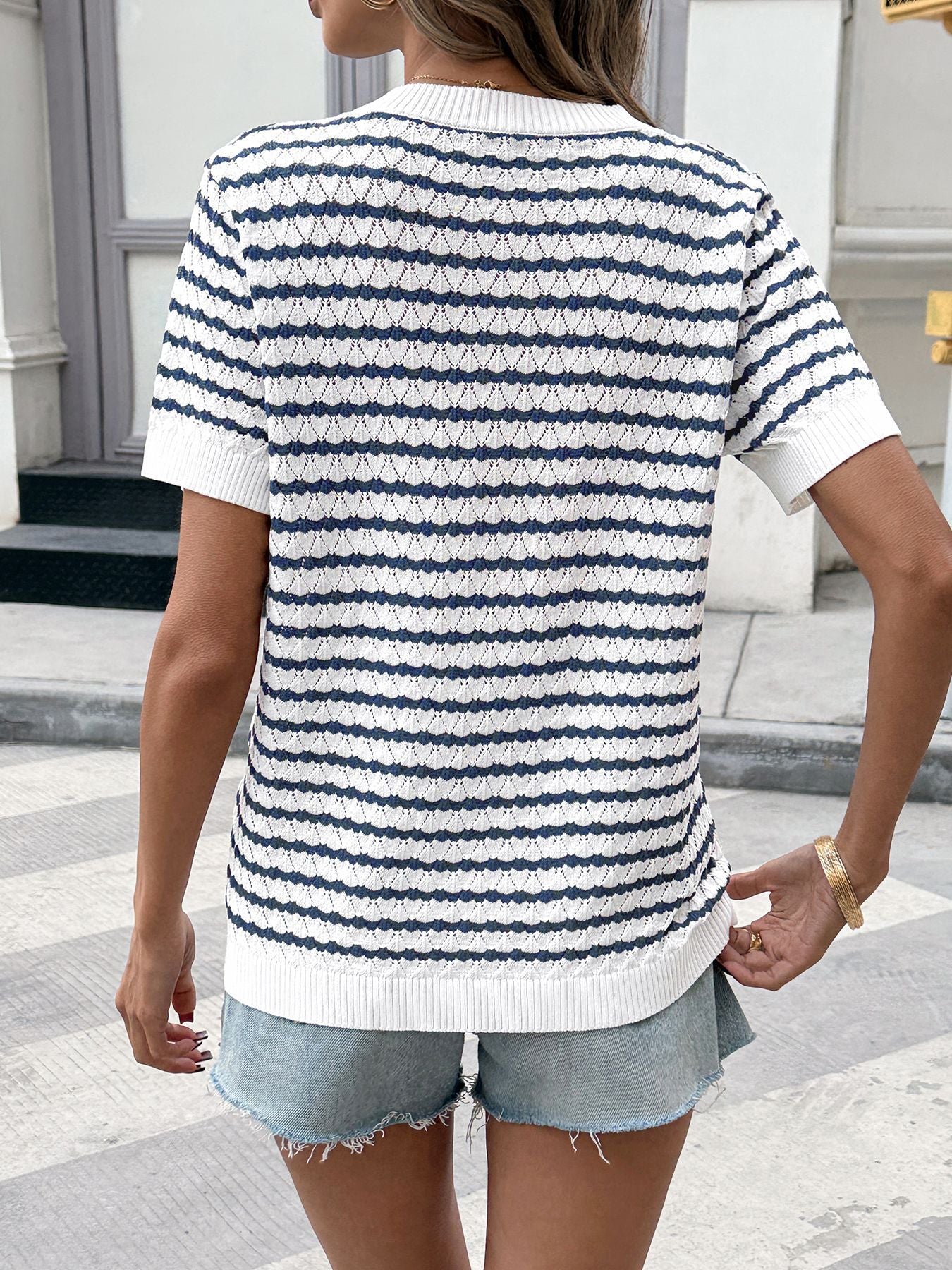 Striped Button Detail Short Sleeve Knit Top