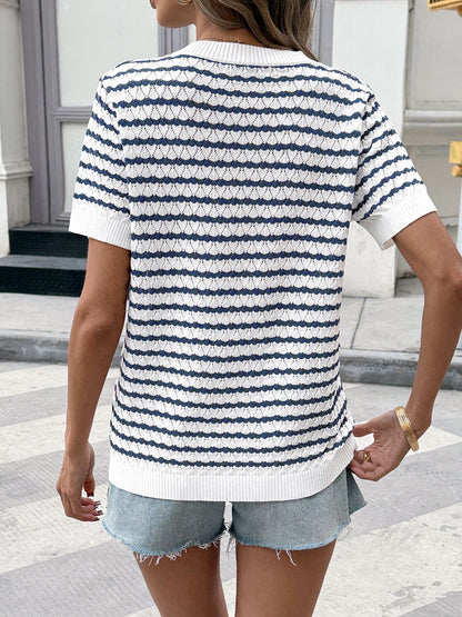 Striped Button Detail Short Sleeve Knit Top